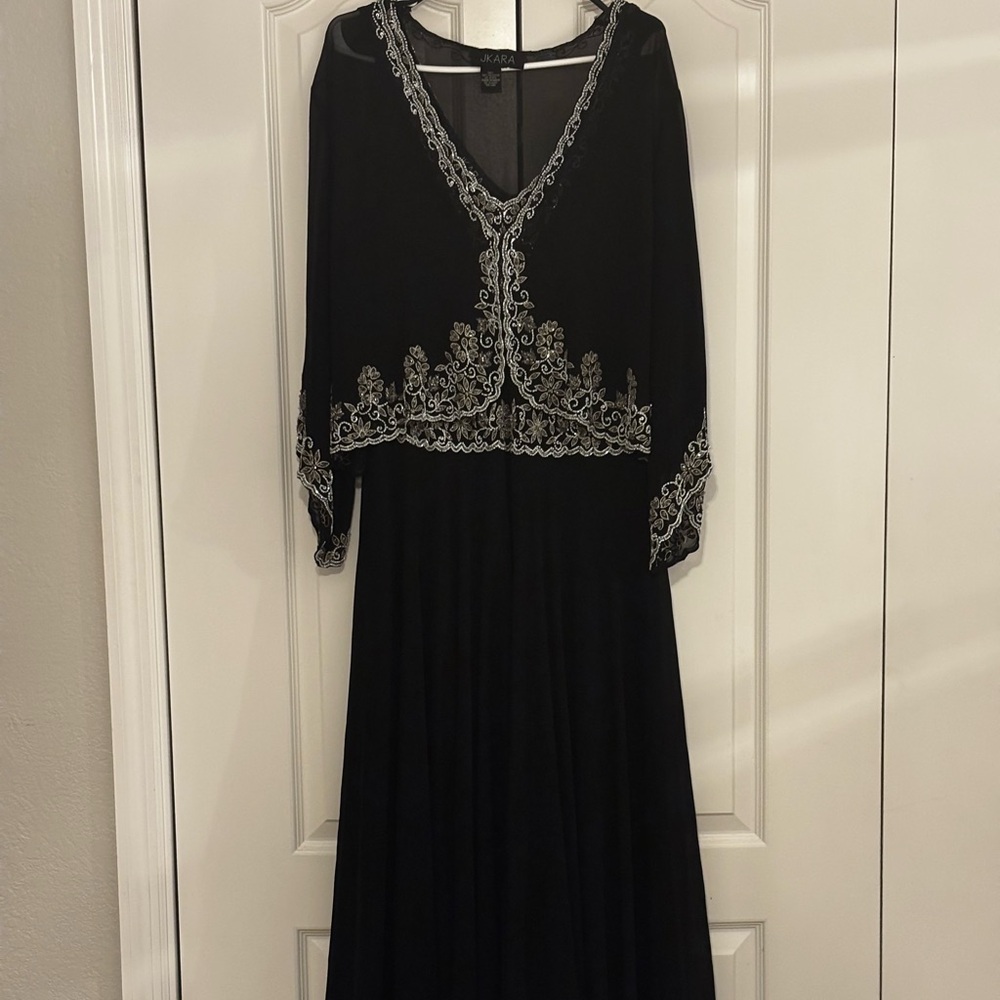 J Kara Elegant Black Gown with White Detailing